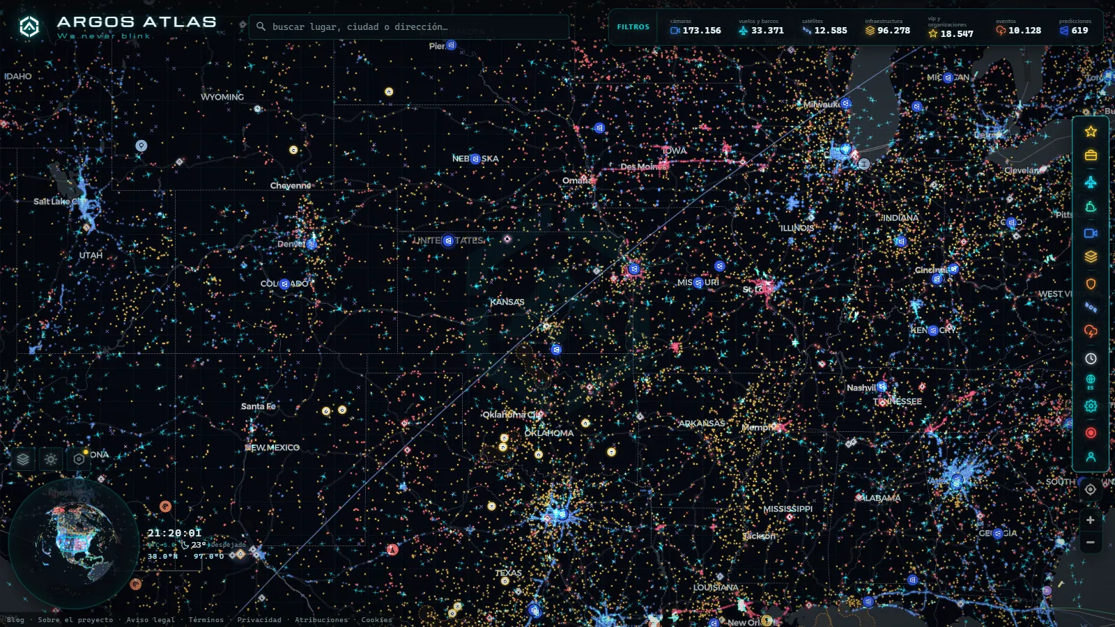 El mapa en vivo de ARGOS ATLAS sobre Estados Unidos