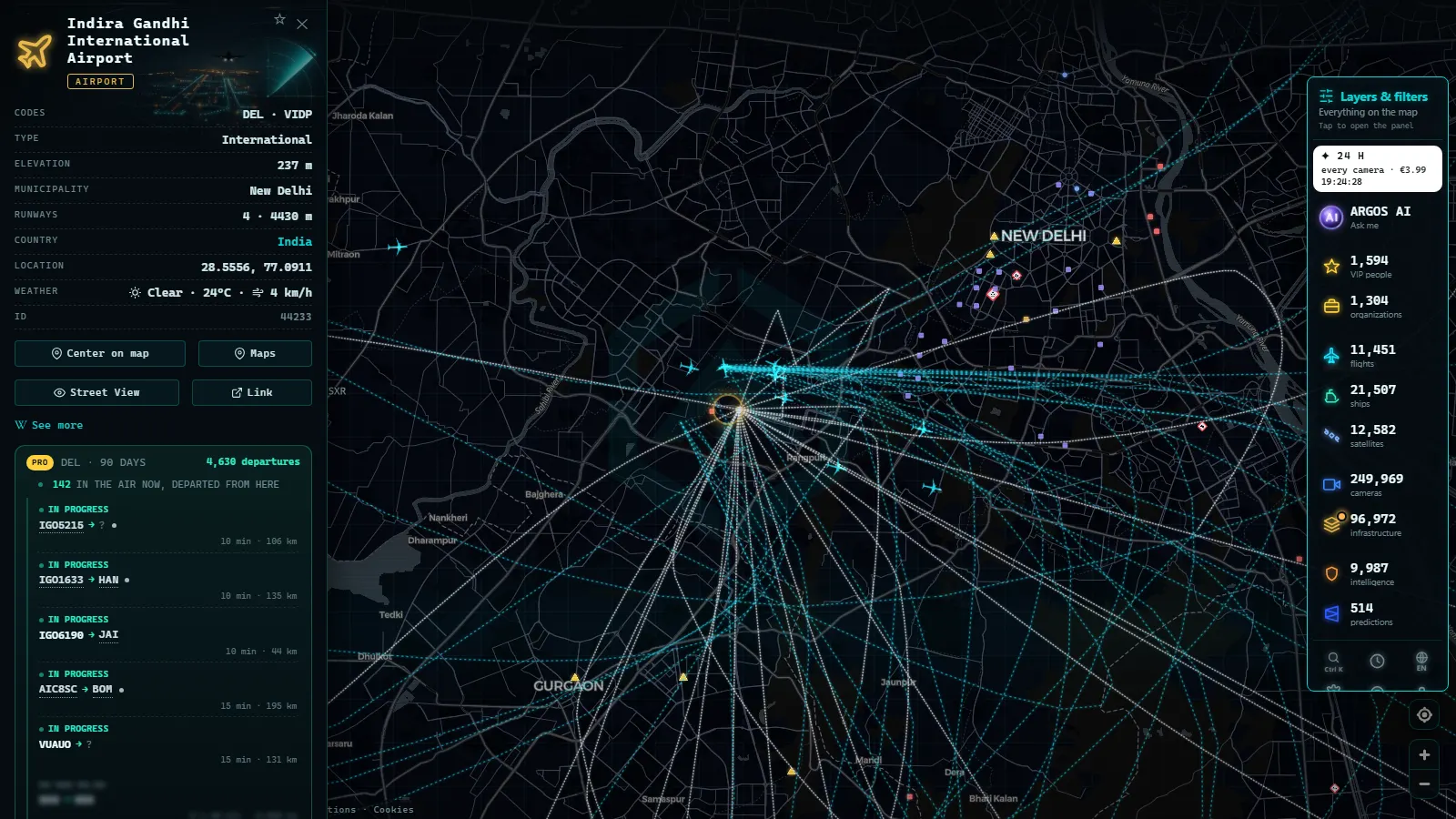 Detail card of Indira Gandhi International Airport (Airport) on the ARGOS ATLAS map