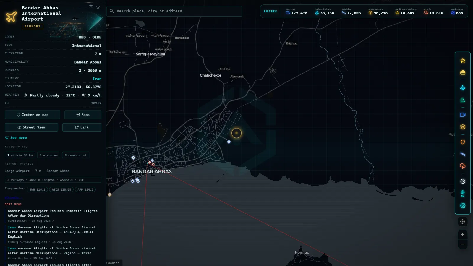 Detail card of Bandar Abbas International Airport (Airport) on the ARGOS ATLAS map