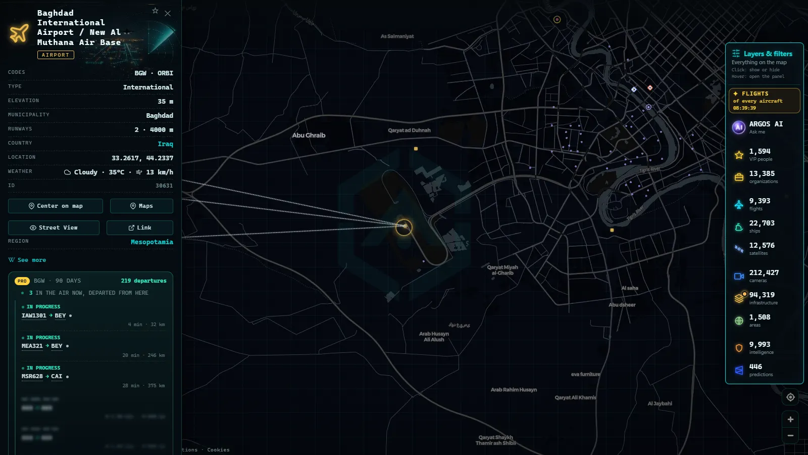 Detail card of Baghdad International Airport / New Al Muthana Air Base (Airport) on the ARGOS ATLAS map