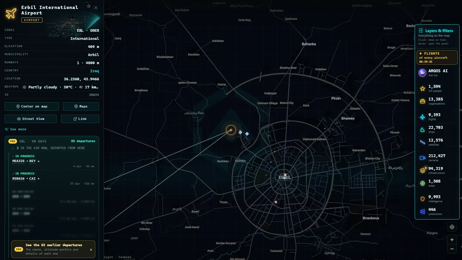 Detail card of Erbil International Airport (Airport) on the ARGOS ATLAS map