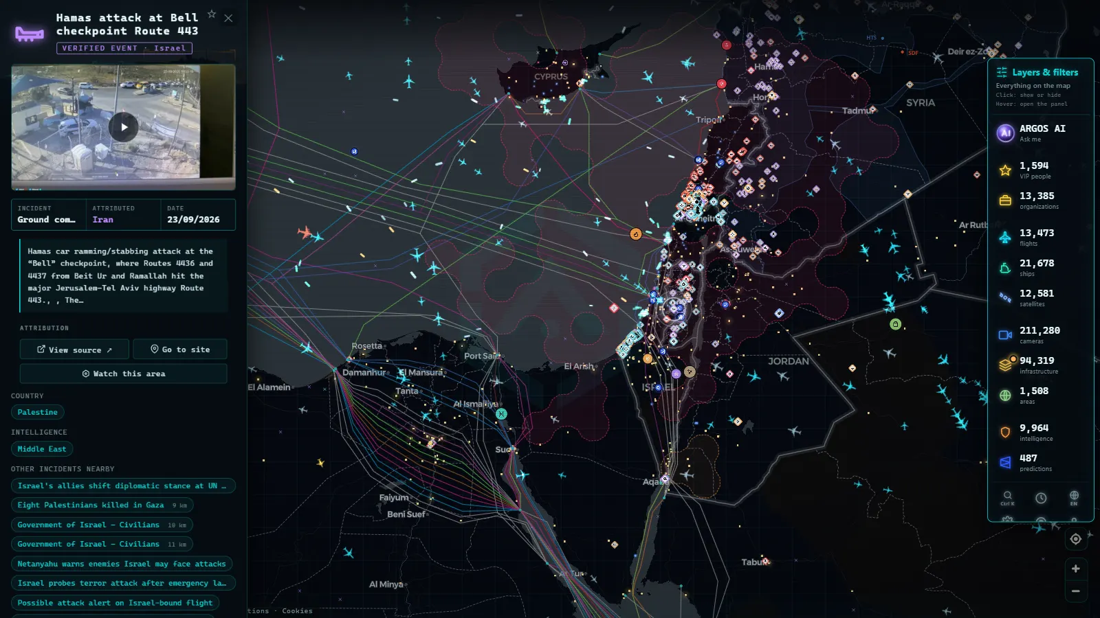 Detail card of Hamas attack at Bell checkpoint Route 443 (Ground combat) on the ARGOS ATLAS map