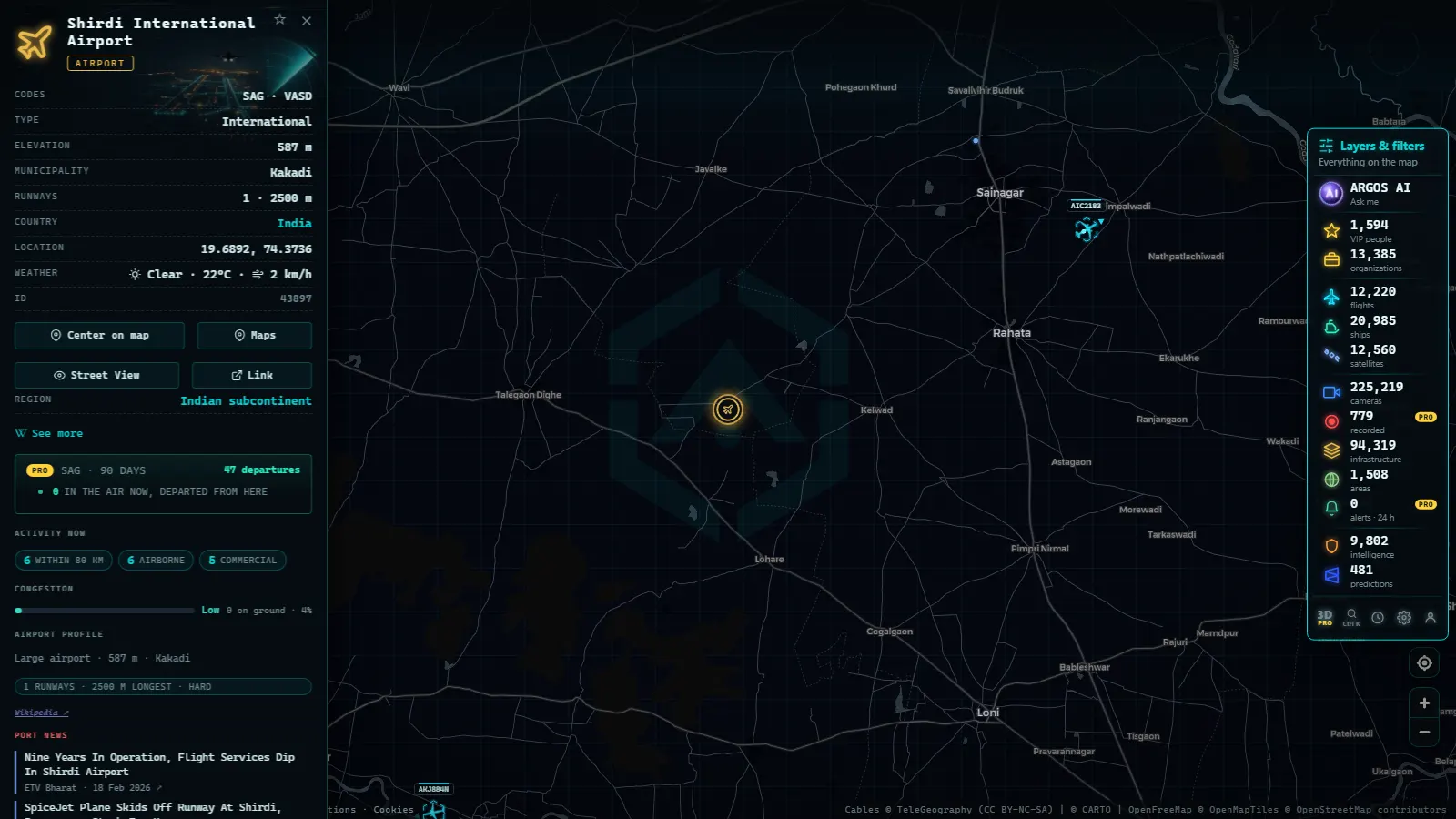 Detail card of Shirdi International Airport (Airport) on the ARGOS ATLAS map