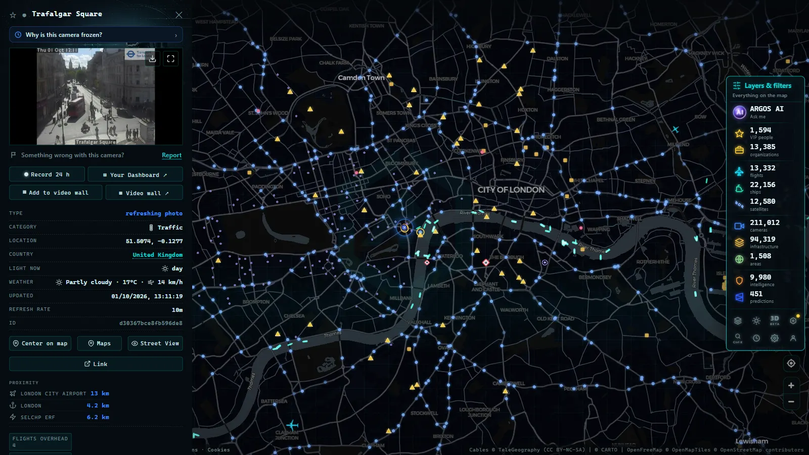 Detail card of Trafalgar Square (Traffic) on the ARGOS ATLAS map