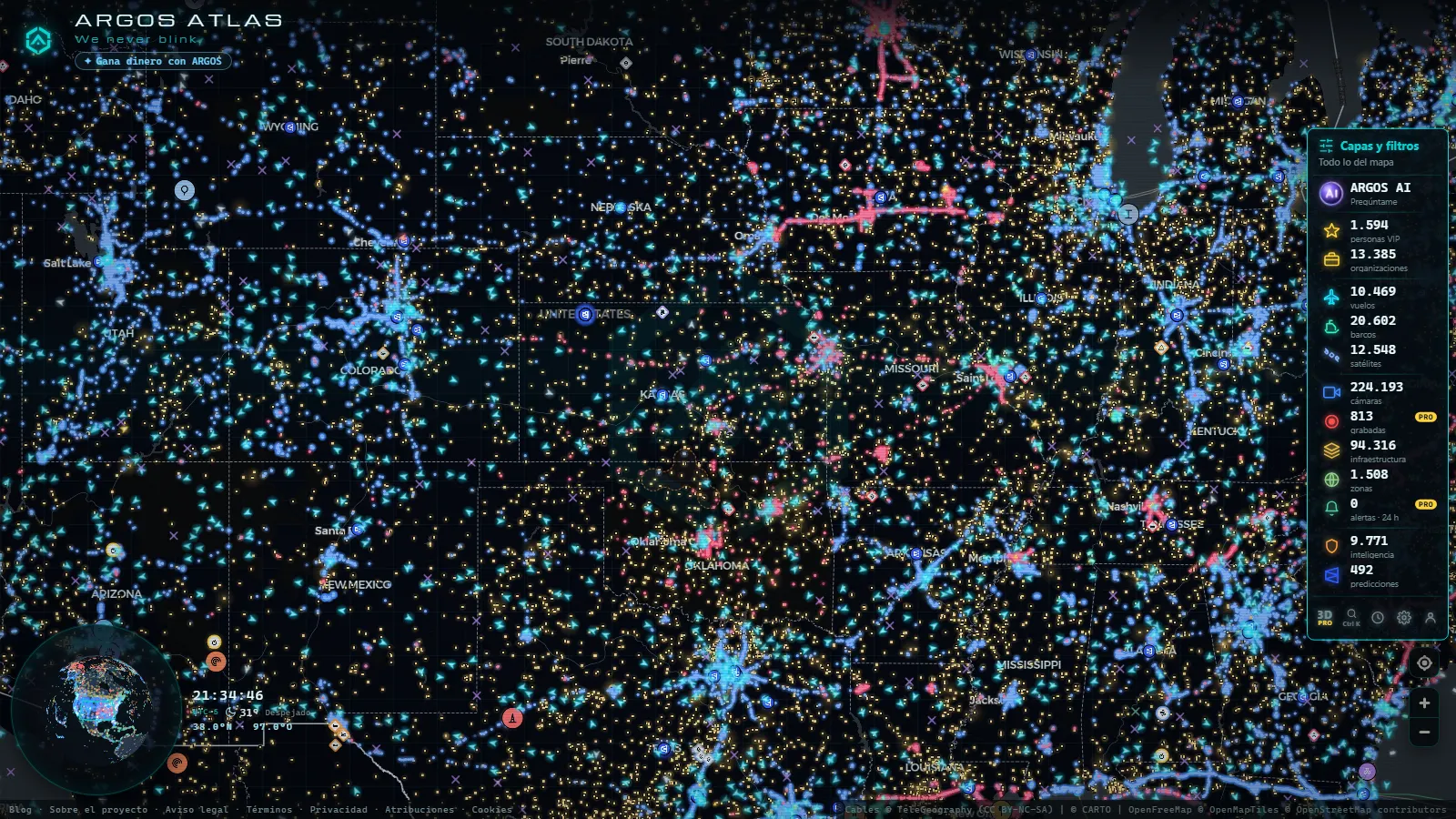 El mapa en vivo de ARGOS ATLAS sobre Estados Unidos
