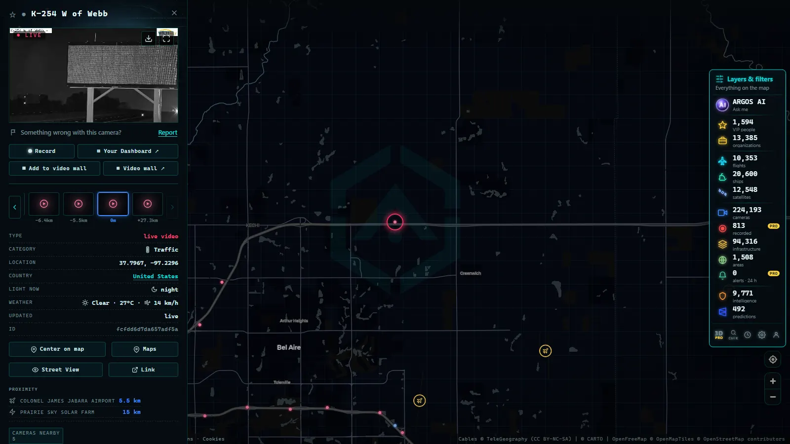 Detail card of K-254 W of Webb (Traffic) on the ARGOS ATLAS map