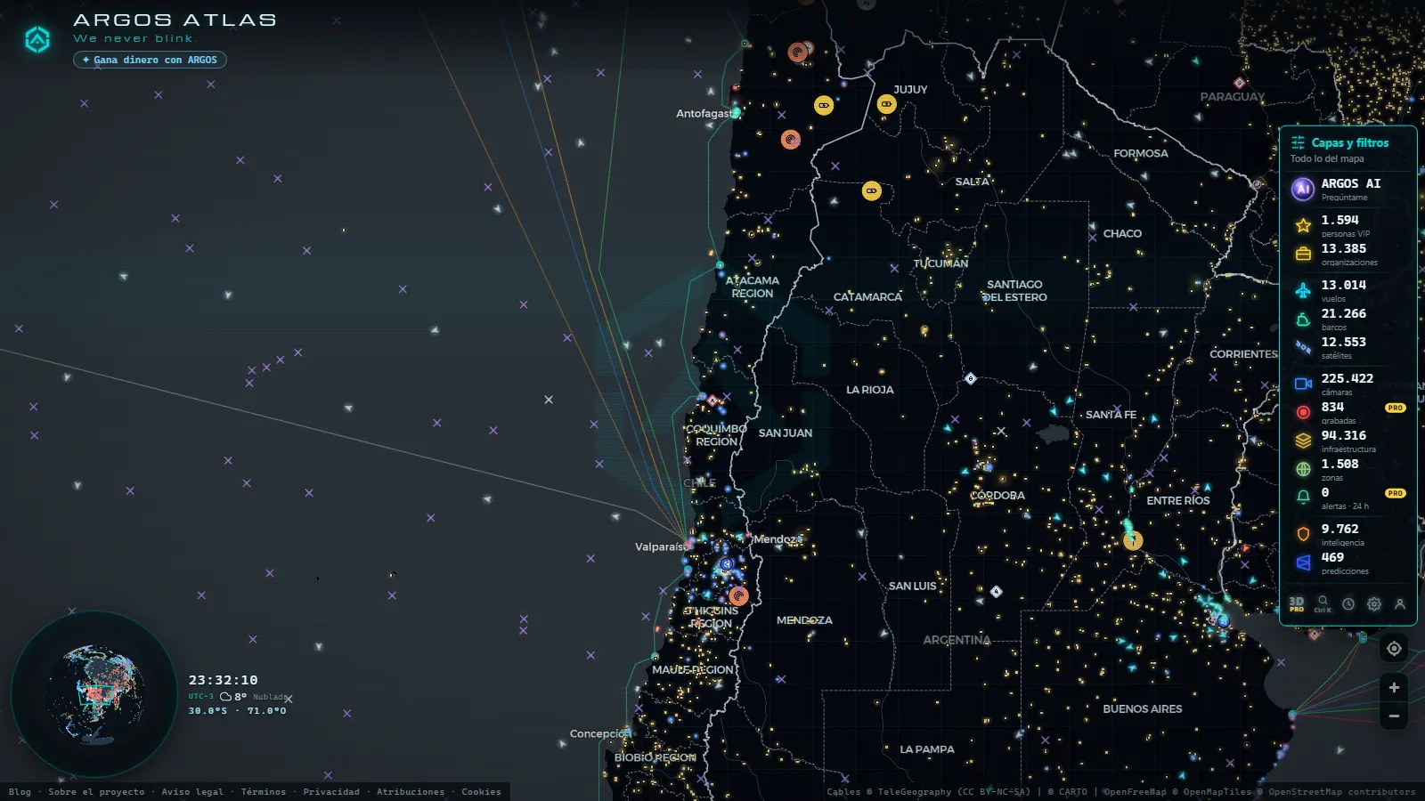 El mapa en vivo de ARGOS ATLAS sobre Chile