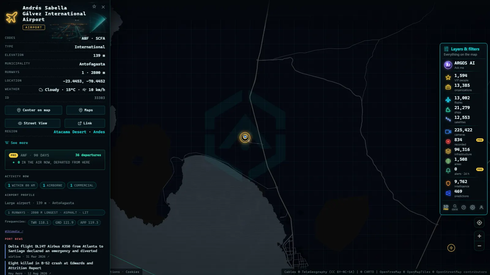Detail card of Andrés Sabella Gálvez International Airport (Airport) on the ARGOS ATLAS map