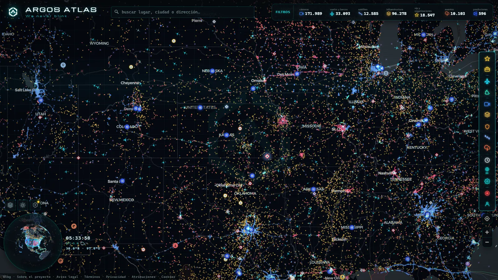 El mapa en vivo de ARGOS ATLAS sobre Estados Unidos