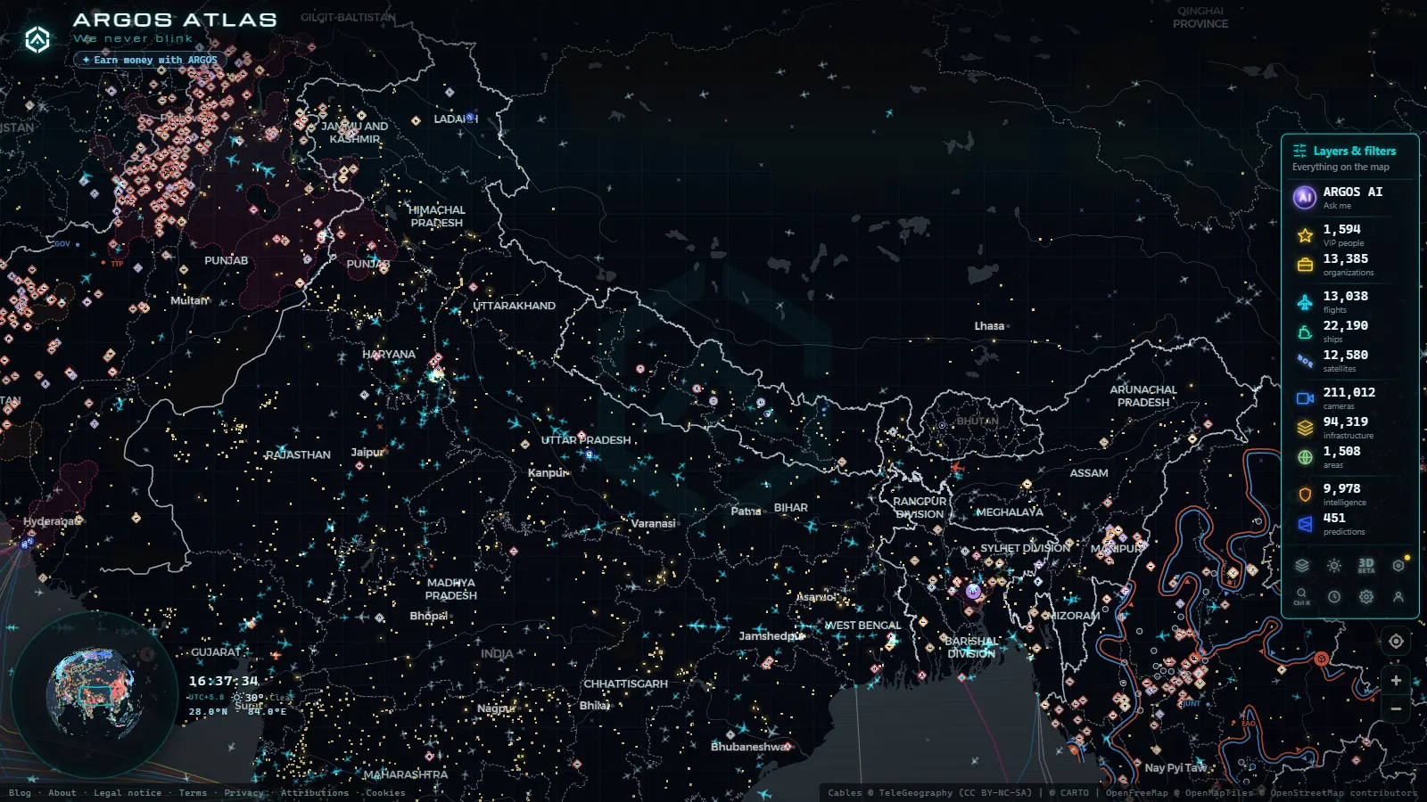 The ARGOS ATLAS live map over Nepal