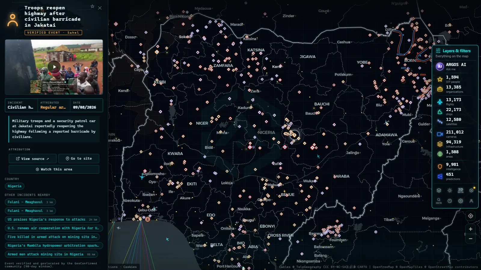 Detail card of Troops reopen highway after civilian barricade in Jakatai (Civilian casualties) on the ARGOS ATLAS map