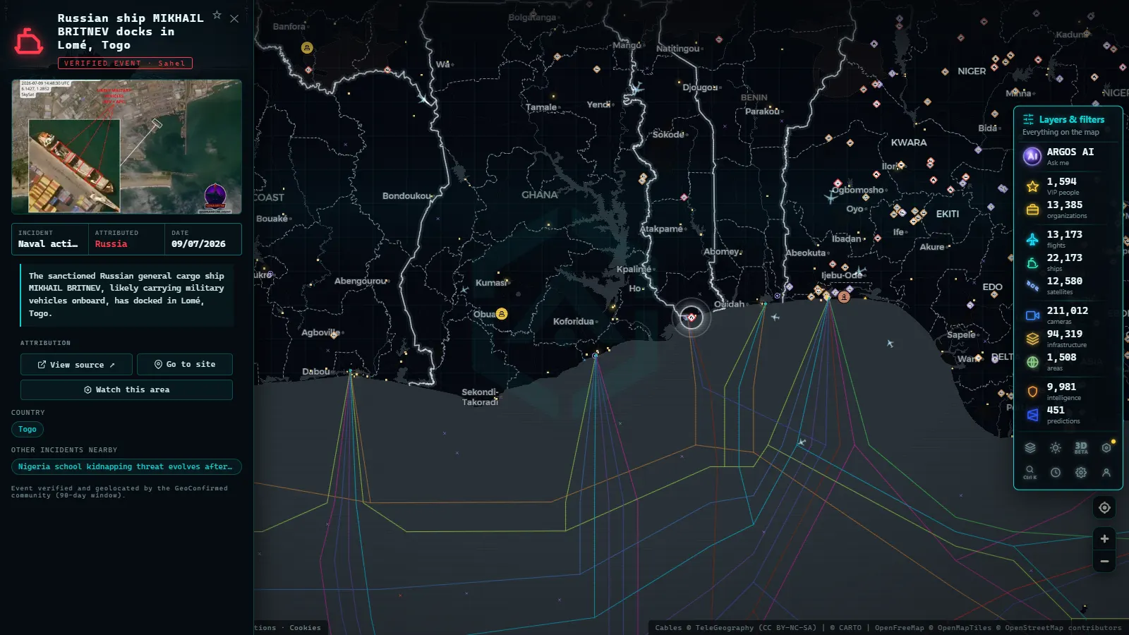 Detail card of Russian ship MIKHAIL BRITNEV docks in Lomé, Togo (Naval action) on the ARGOS ATLAS map