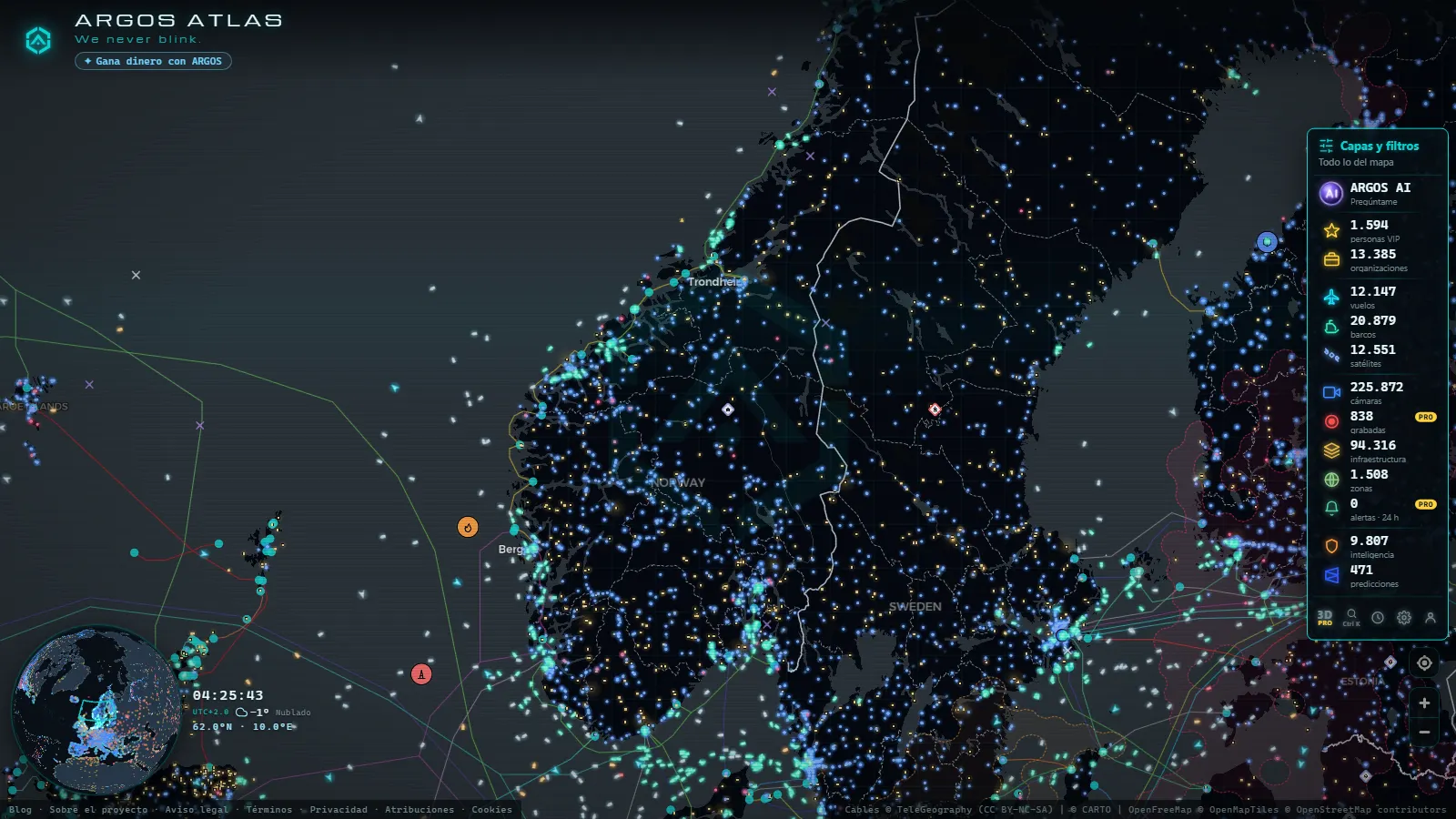 El mapa en vivo de ARGOS ATLAS sobre Noruega
