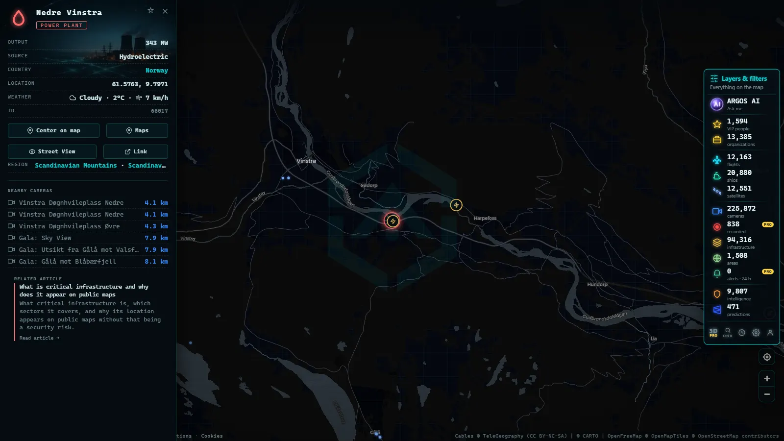 Detail card of Nedre Vinstra (Power facility) on the ARGOS ATLAS map