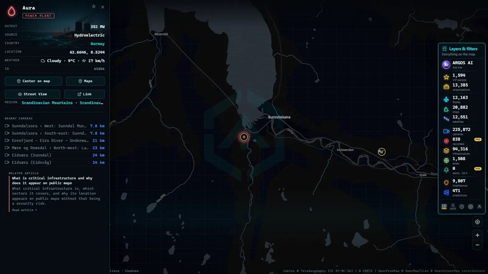 Detail card of Aura (Power facility) on the ARGOS ATLAS map