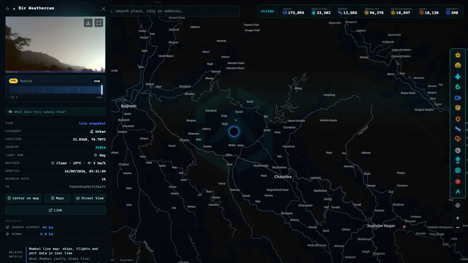 Detail card of Bir Weathercam (Urban) on the ARGOS ATLAS map
