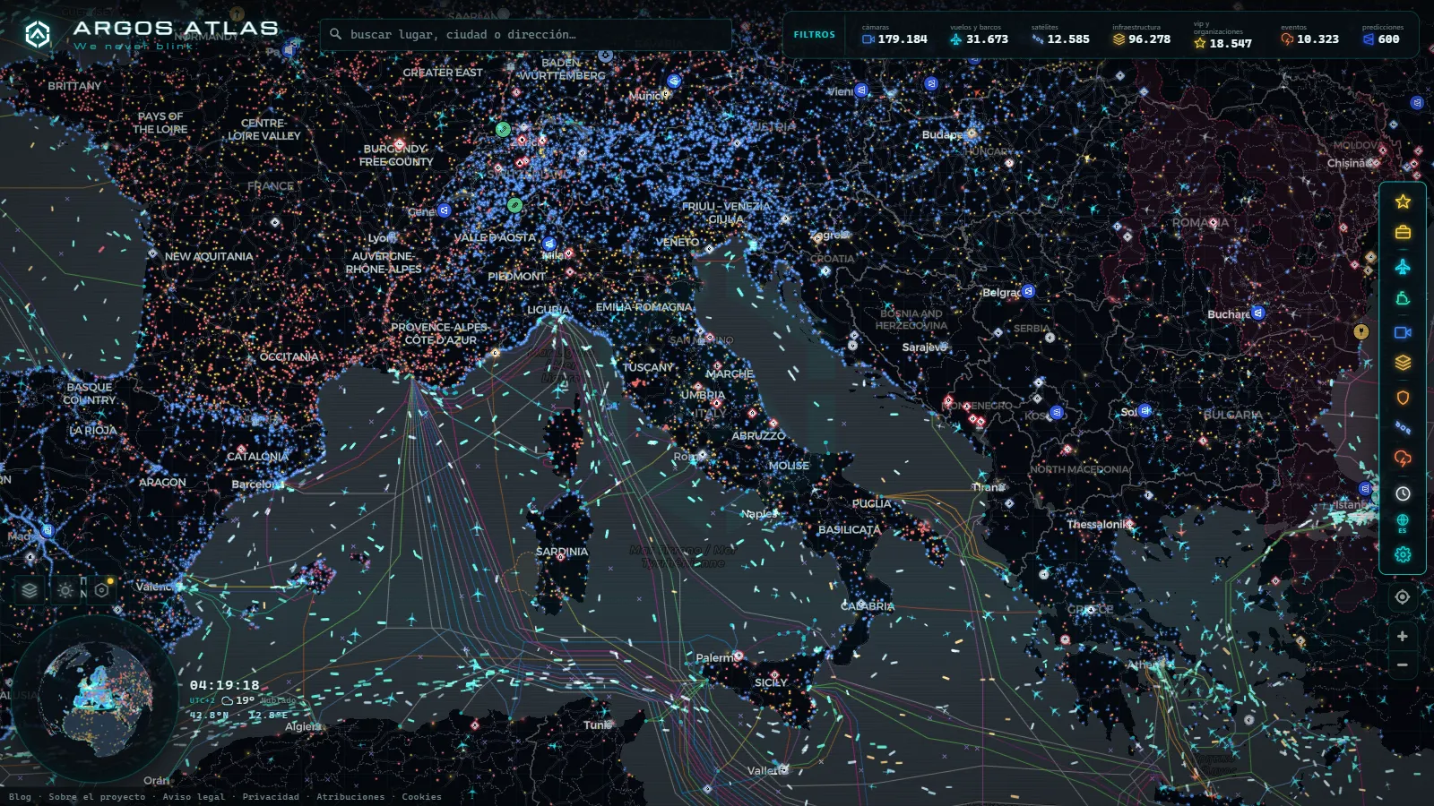 El mapa en vivo de ARGOS ATLAS sobre Italia