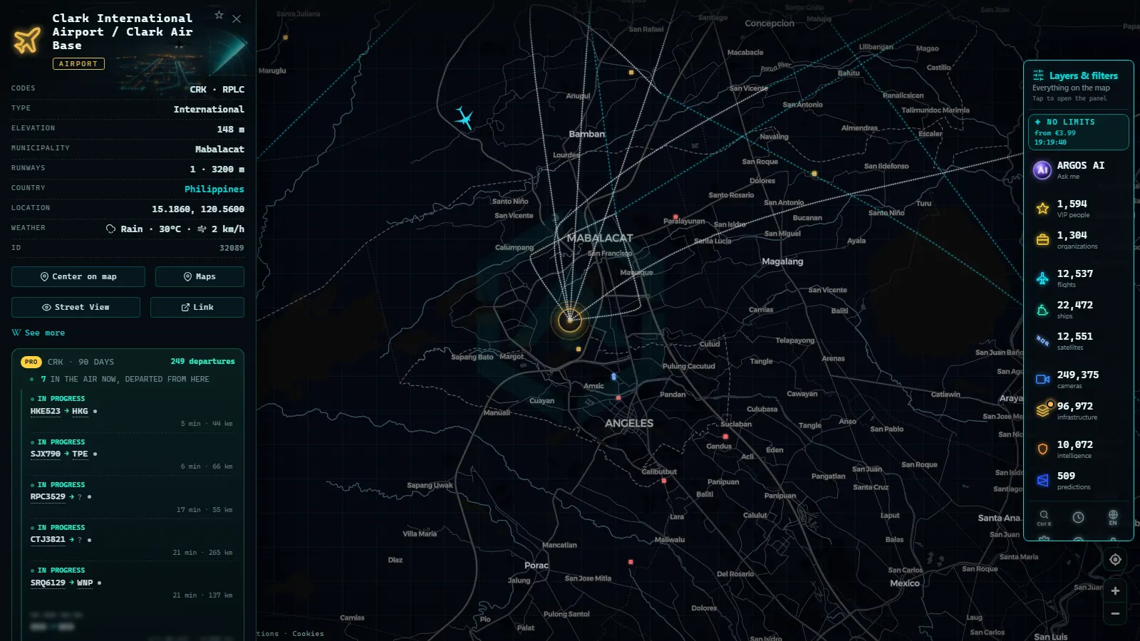 Detail card of Clark International Airport / Clark Air Base (Airport) on the ARGOS ATLAS map