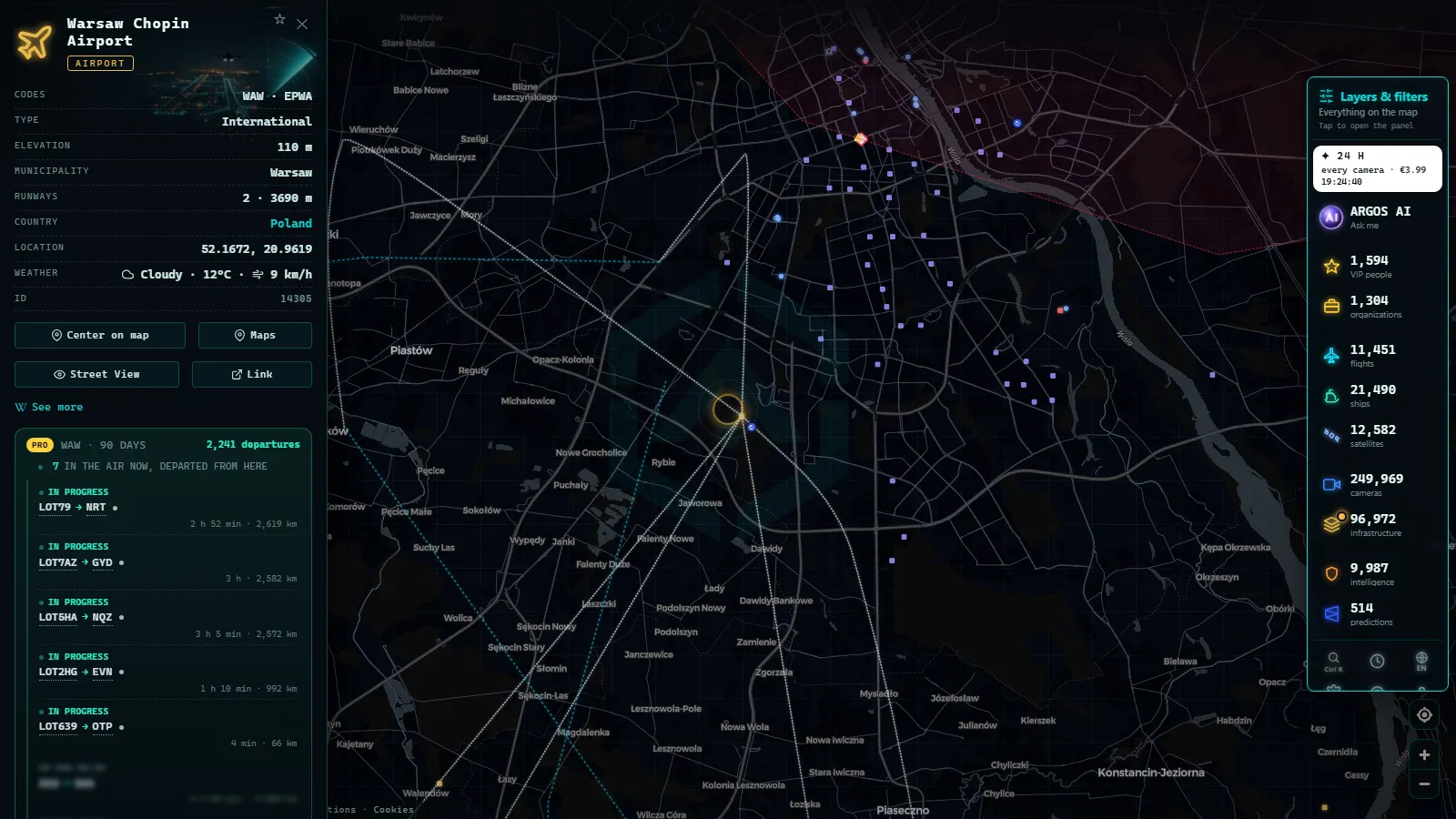Detail card of Warsaw Chopin Airport (Airport) on the ARGOS ATLAS map
