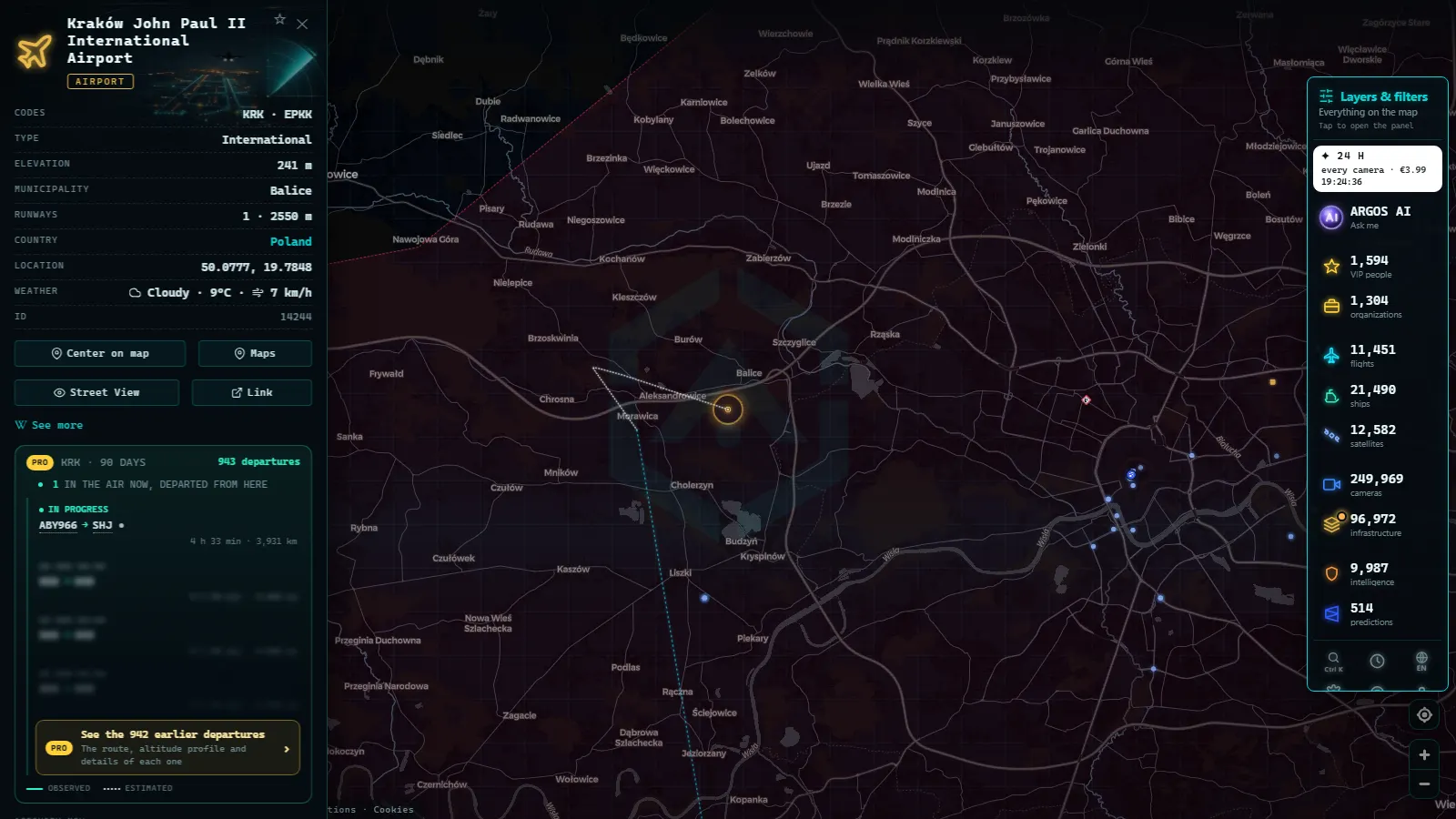 Detail card of Kraków John Paul II International Airport (Airport) on the ARGOS ATLAS map
