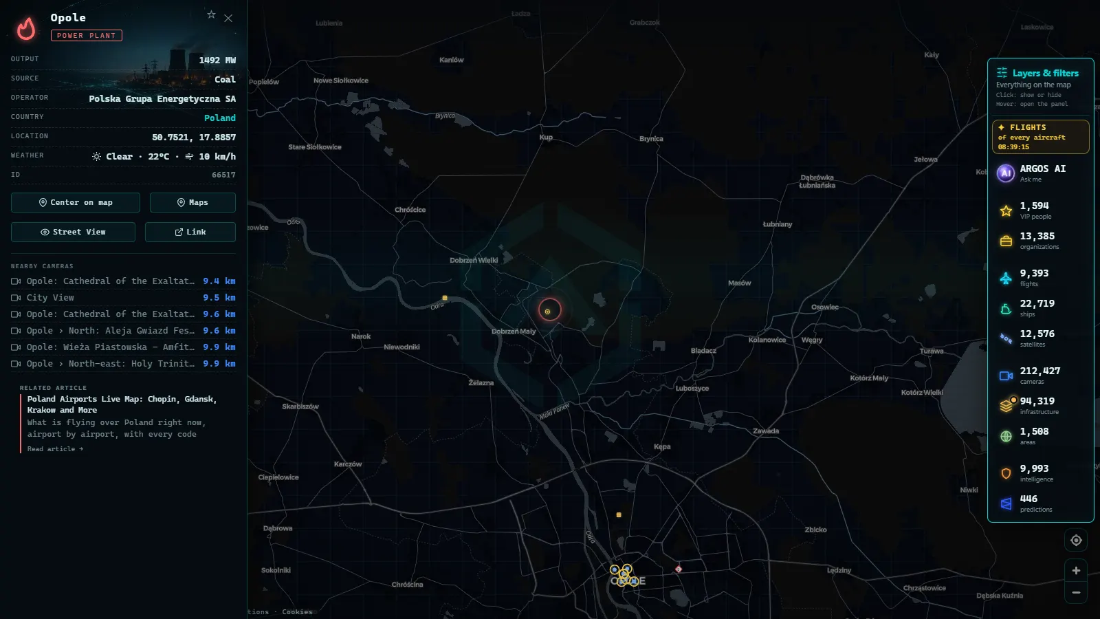 Detail card of Opole (Power facility) on the ARGOS ATLAS map