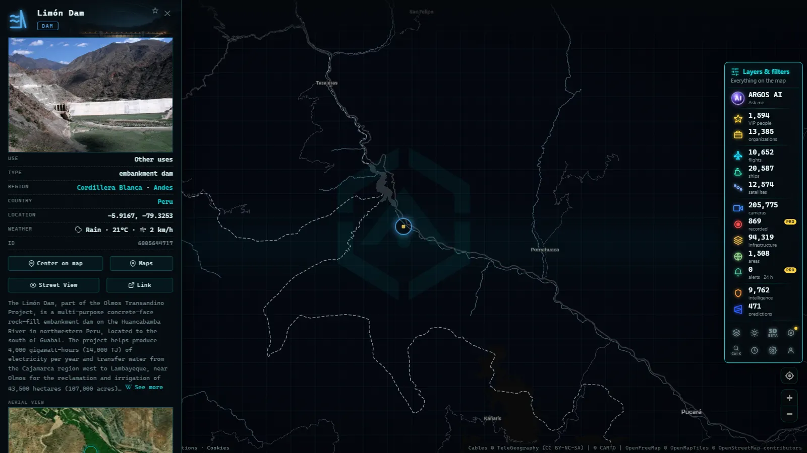 Detail card of Limón Dam (Dam) on the ARGOS ATLAS map