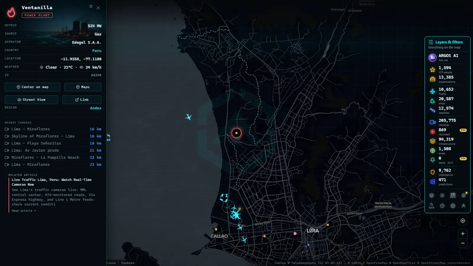 Detail card of Ventanilla (Power facility) on the ARGOS ATLAS map