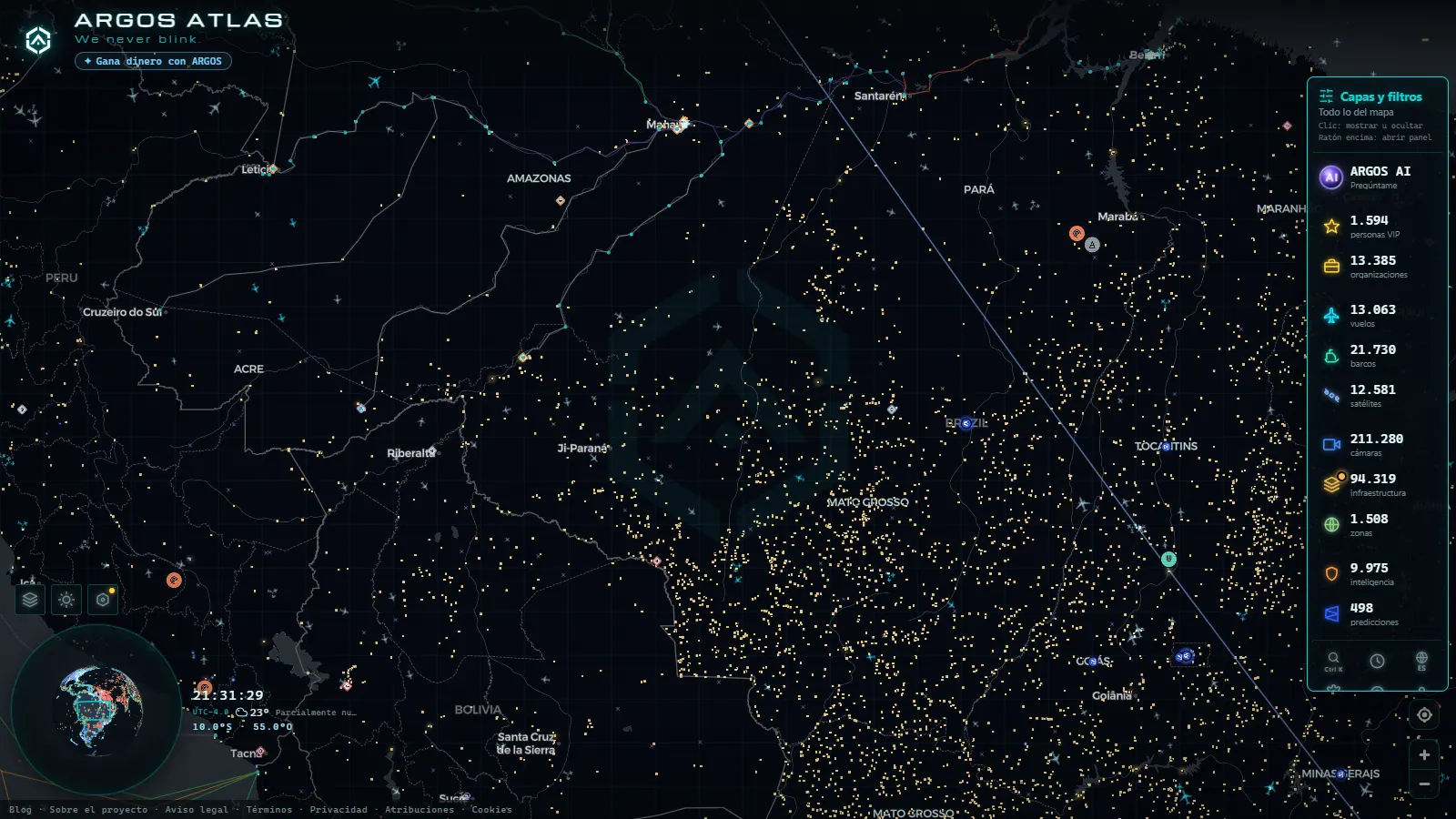 El mapa en vivo de ARGOS ATLAS sobre Brasil