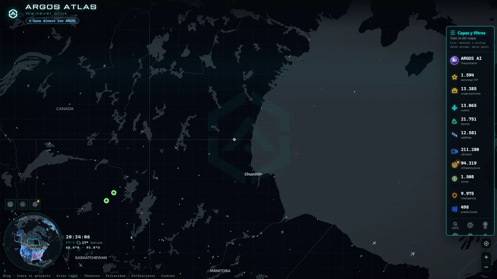 El mapa en vivo de ARGOS ATLAS sobre Canadá