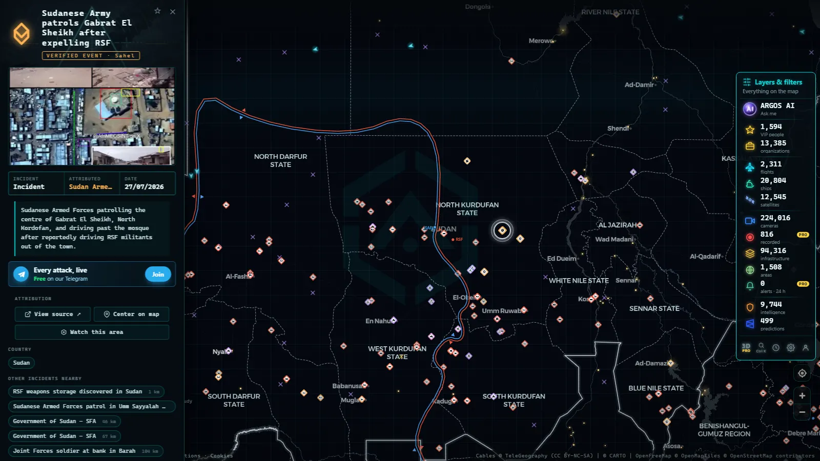 Detail card of Sudanese Army patrols Gabrat El Sheikh after expelling RSF (Incident) on the ARGOS ATLAS map