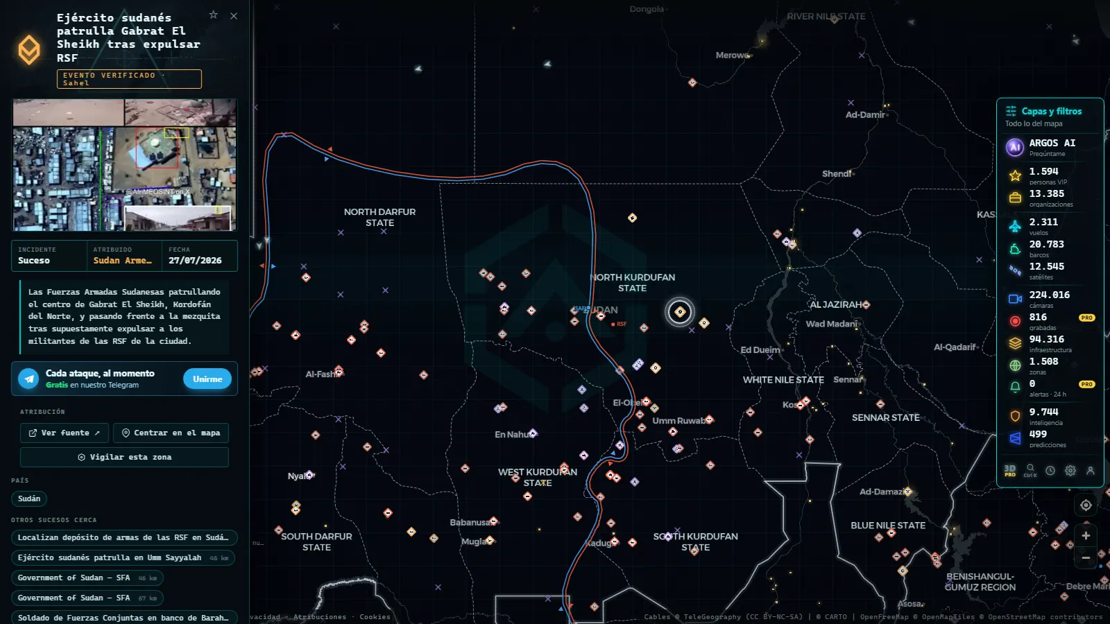 Ficha de Ejército sudanés patrulla Gabrat El Sheikh tras expulsar RSF (Incidente) en el mapa de ARGOS ATLAS
