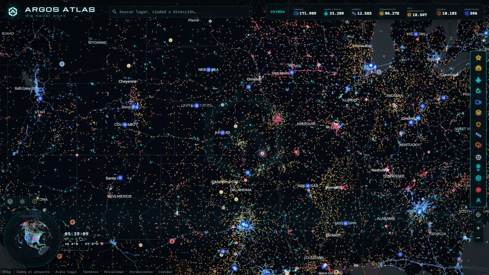 El mapa en vivo de ARGOS ATLAS sobre Estados Unidos