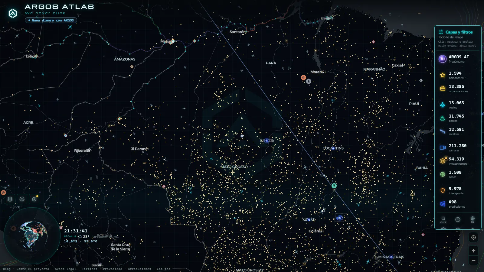 El mapa en vivo de ARGOS ATLAS sobre Brasil