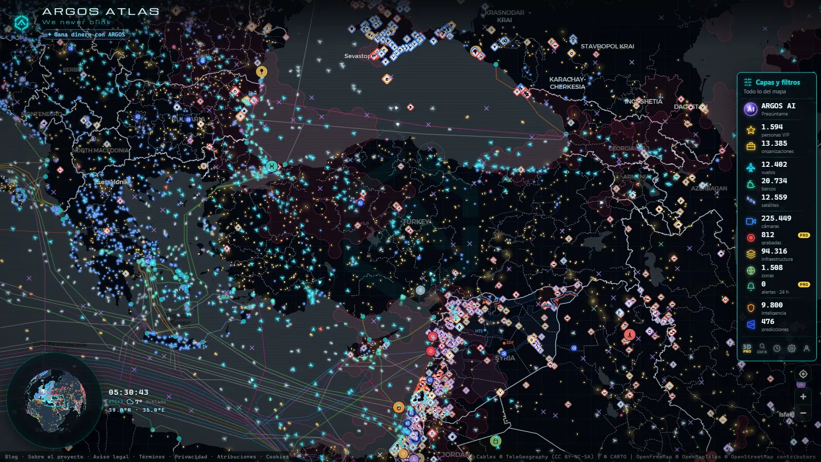 El mapa en vivo de ARGOS ATLAS sobre Turquía