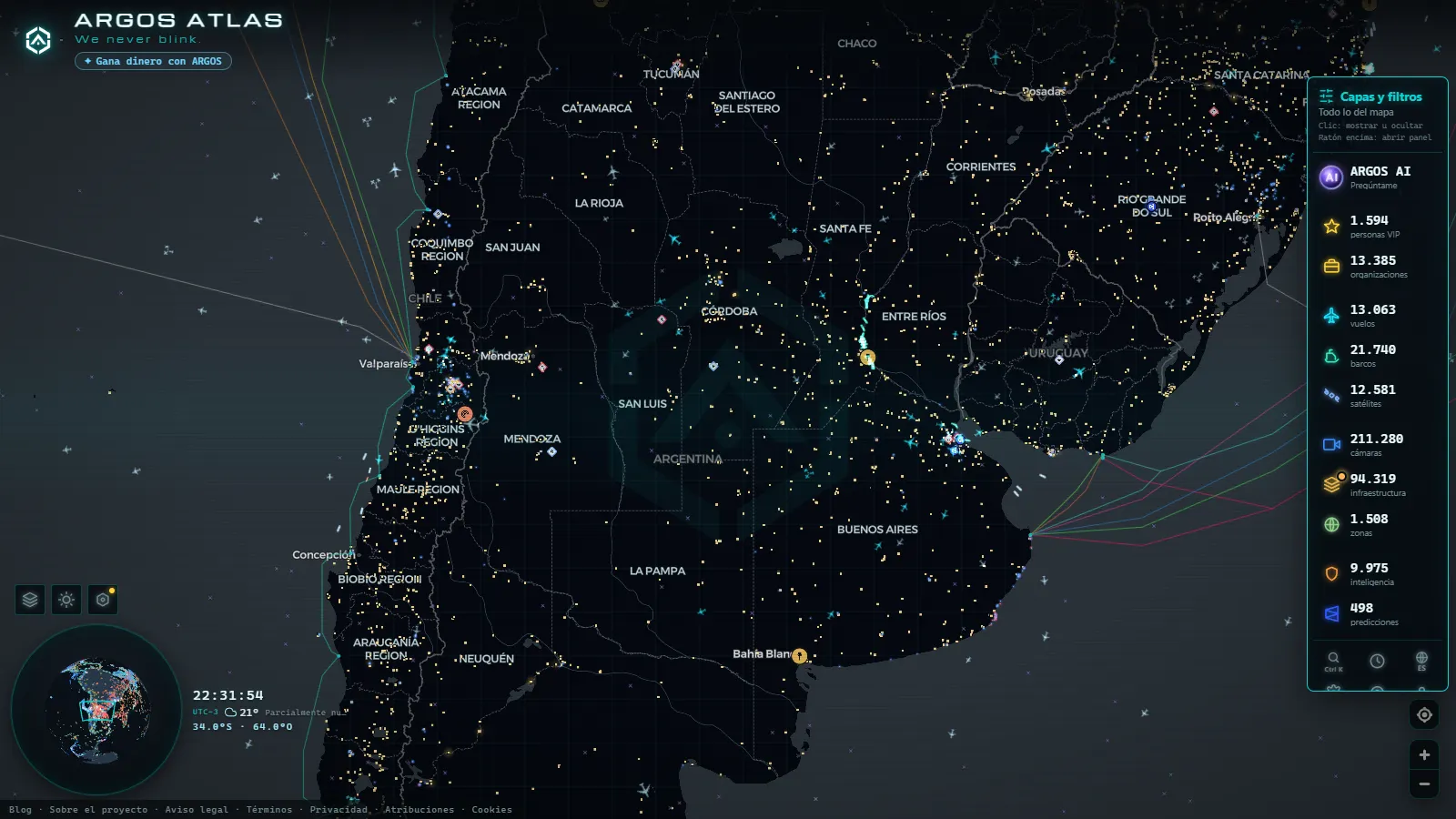 El mapa en vivo de ARGOS ATLAS sobre Argentina