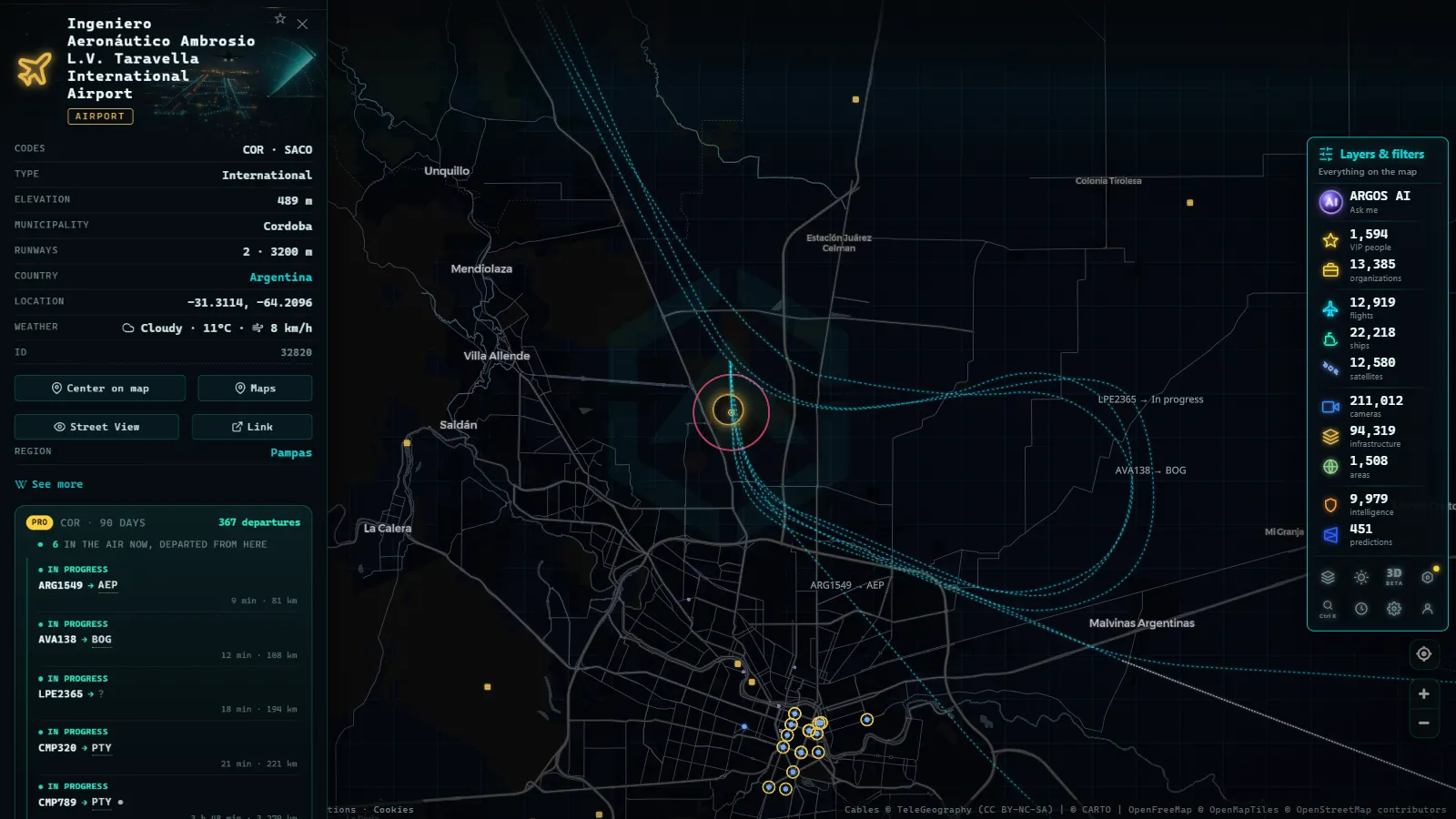 Detail card of Ingeniero Aeronáutico Ambrosio L.V. Taravella International Airport (Airport) on the ARGOS ATLAS map