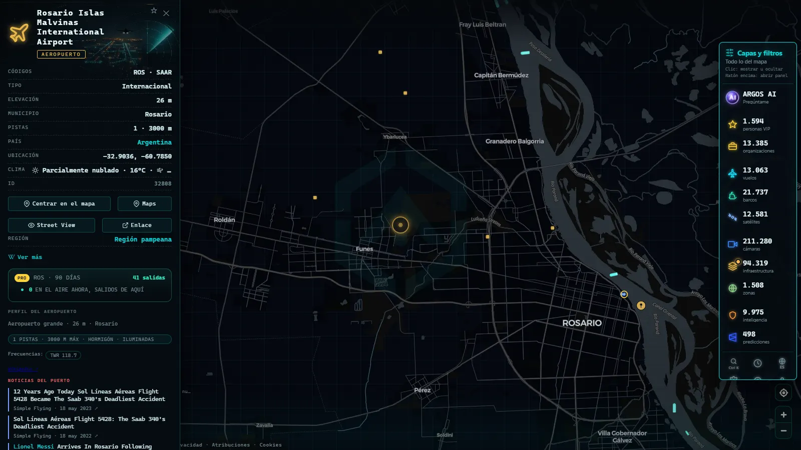 Ficha de Rosario Islas Malvinas International Airport (Aeropuerto) en el mapa de ARGOS ATLAS
