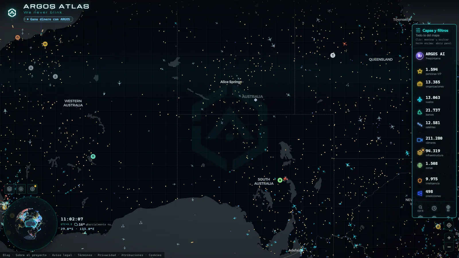 El mapa en vivo de ARGOS ATLAS sobre Australia