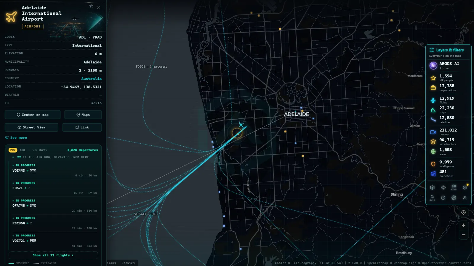 Detail card of Adelaide International Airport (Airport) on the ARGOS ATLAS map