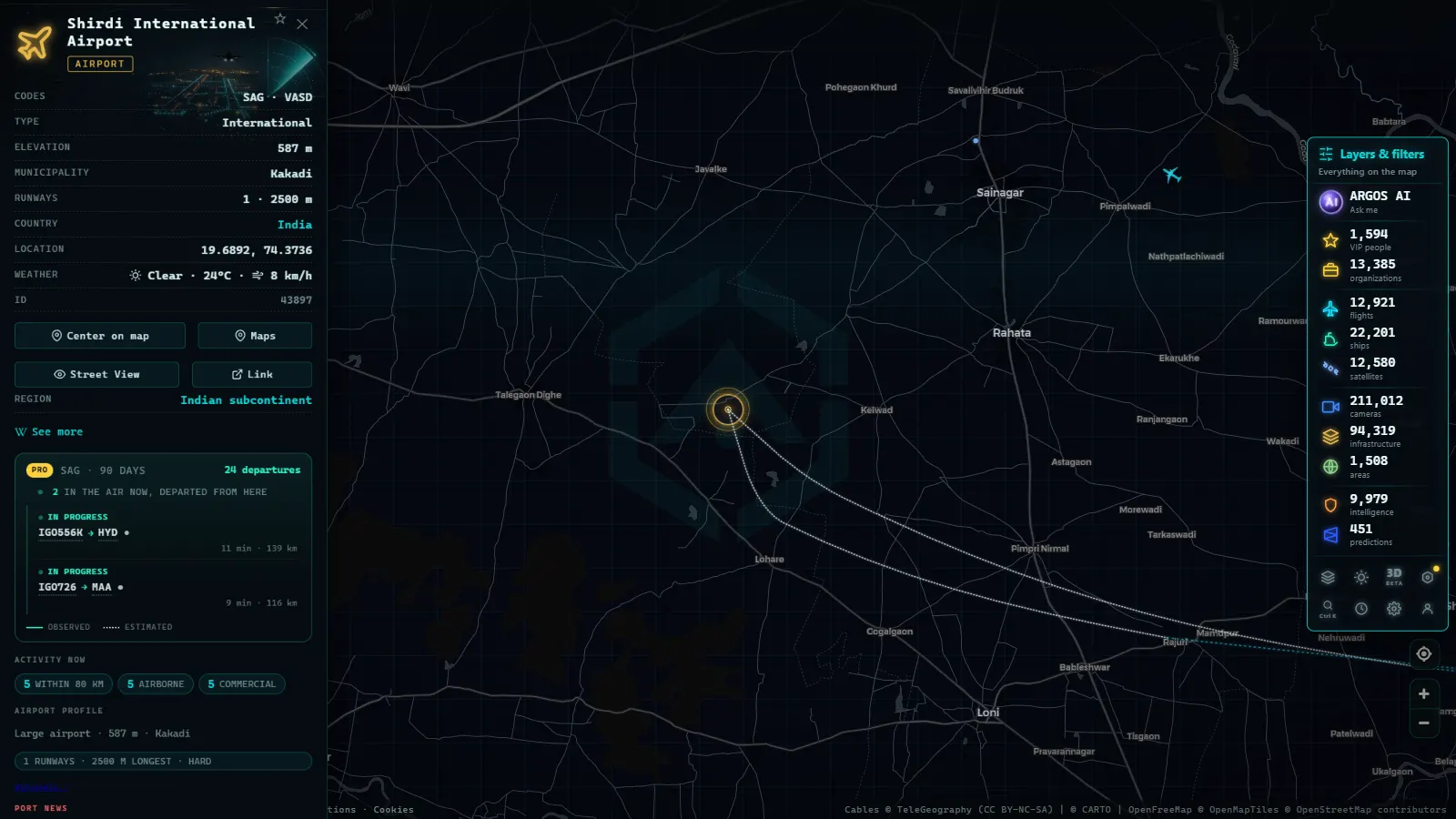 Detail card of Shirdi International Airport (Airport) on the ARGOS ATLAS map
