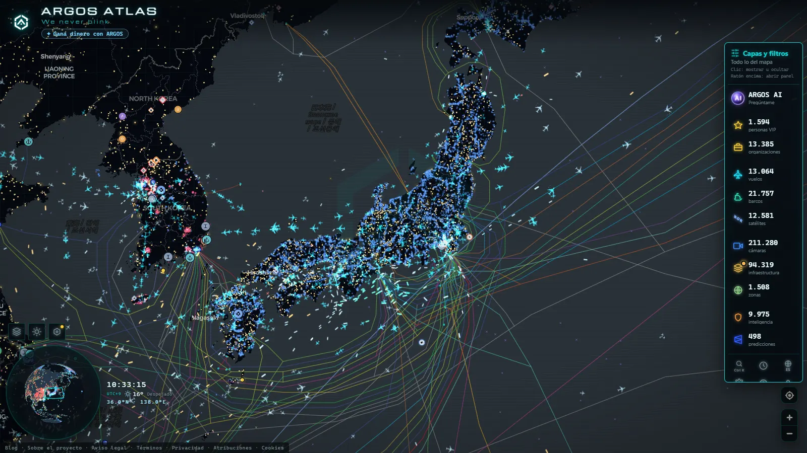 El mapa en vivo de ARGOS ATLAS sobre Japón
