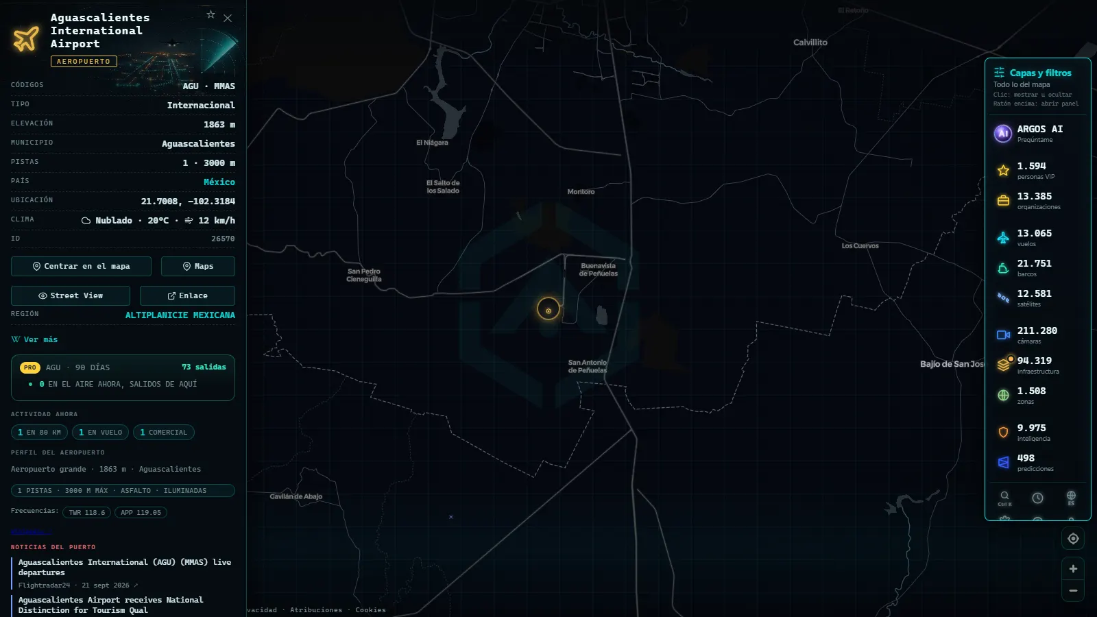 Ficha de Aguascalientes International Airport (Aeropuerto) en el mapa de ARGOS ATLAS