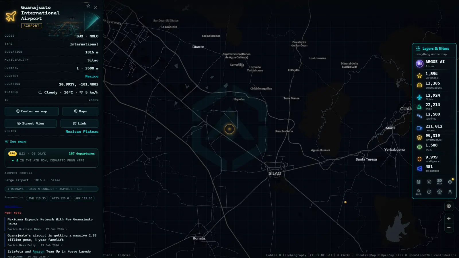 Detail card of Guanajuato International Airport (Airport) on the ARGOS ATLAS map