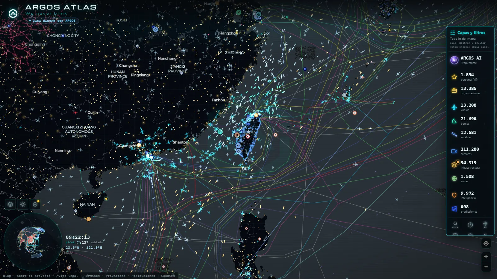 El mapa en vivo de ARGOS ATLAS sobre Taiwán