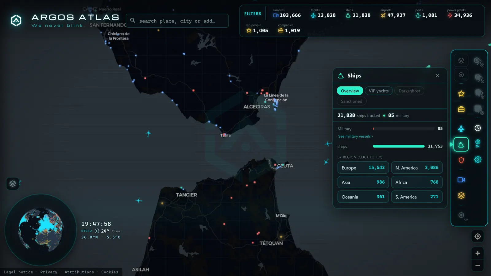 ARGOS ATLAS with the detail card, the ships panel and the filters open at once