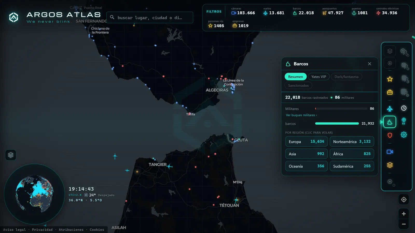 ARGOS ATLAS con la ficha, el panel de barcos y los filtros abiertos a la vez