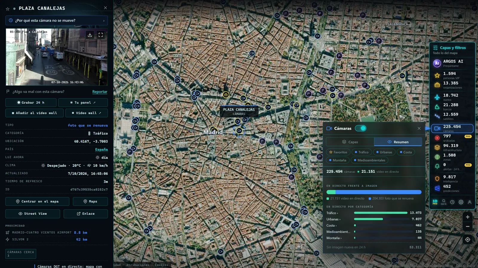 ARGOS ATLAS con la ficha, el panel de cámaras y los filtros abiertos a la vez