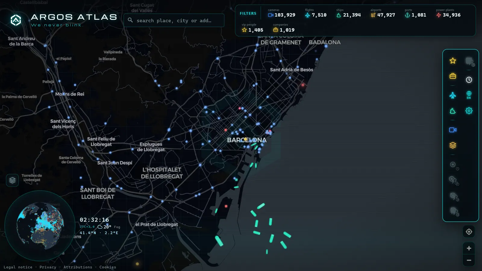 Mapa de Barcelona con cámaras, vuelos y barcos en vivo en ARGOS ATLAS