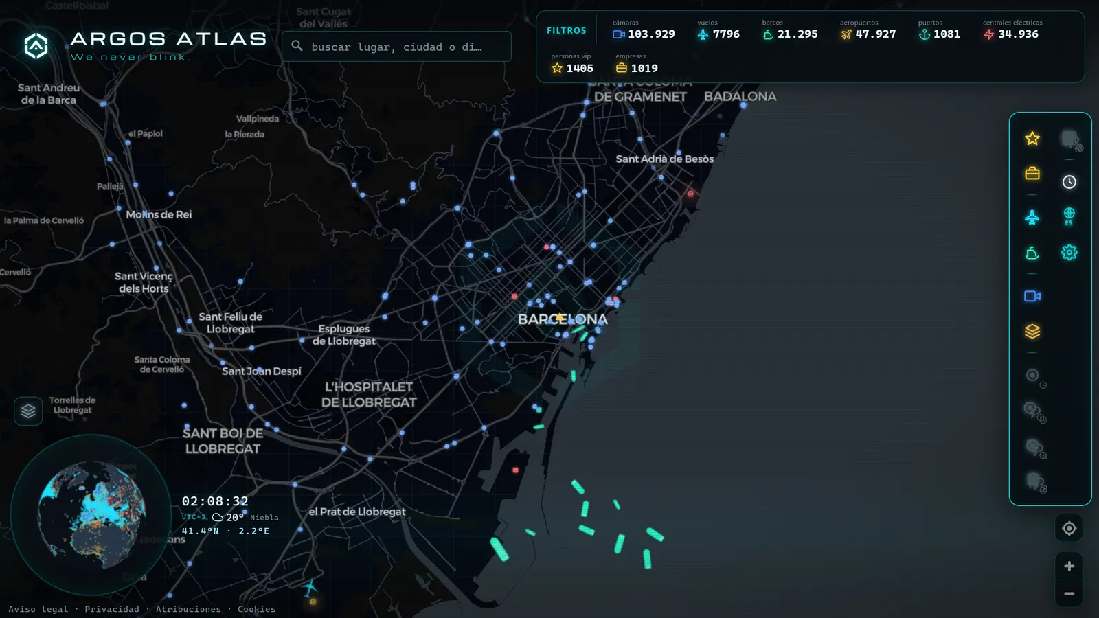 Mapa de Barcelona con cámaras, vuelos y barcos en vivo en ARGOS ATLAS