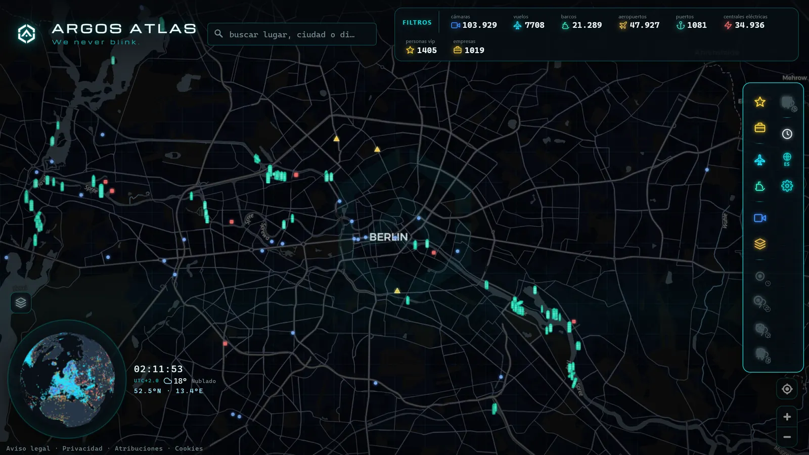 Mapa de Berlín con cámaras, vuelos y barcos en vivo en ARGOS ATLAS